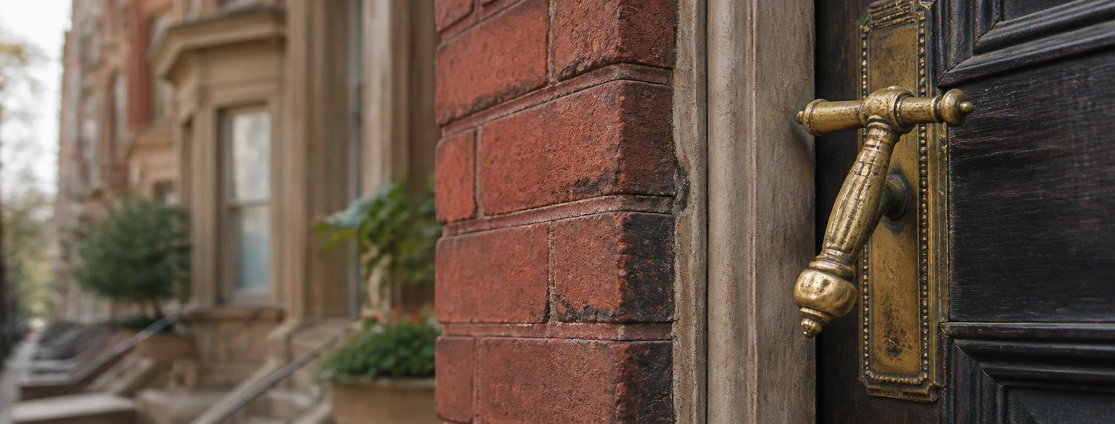 Weathered red brick and an aged brass door handle on a historic Boston row house